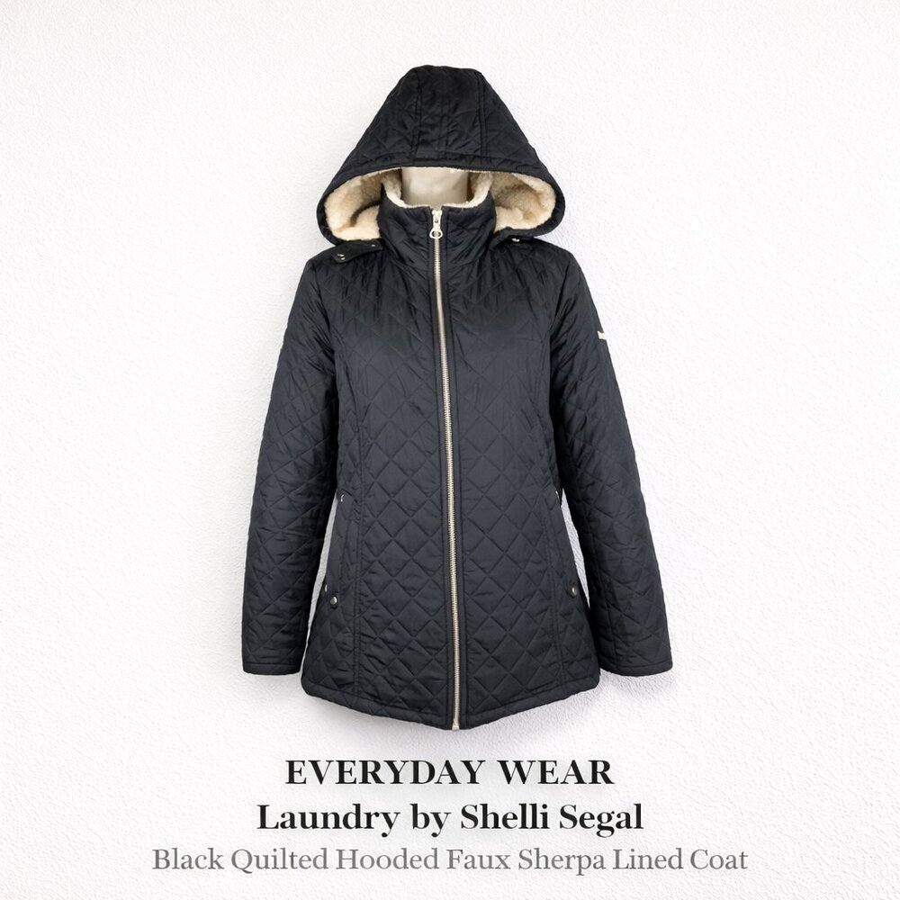 Laundry by Shelli Segal Black Quilted Hooded Faux Sherpa Lined Coat Large